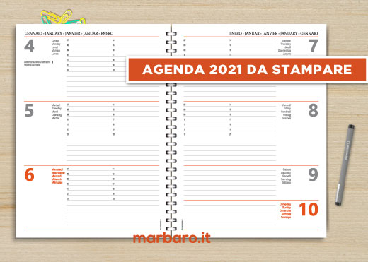 Agenda settimanale verticale 2021 in formato A4 da stampare