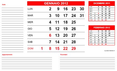 Calendario 2012 mensile su 12 mesi/pagine gratis in PDF