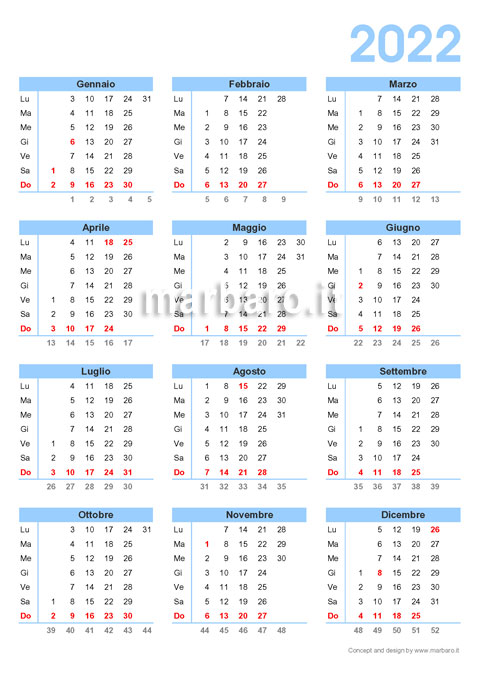 Calendario Annuale 2022 Con Le Settimane Da Stampare