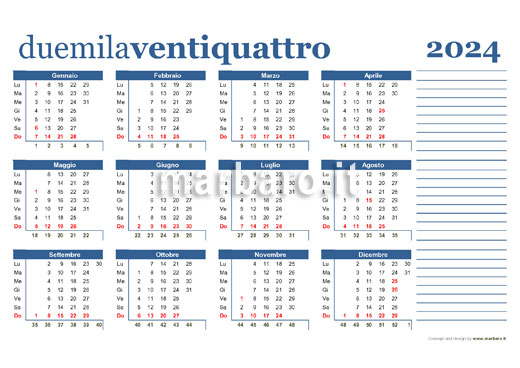 Calendario annuale 2024 con i numeri delle settimane