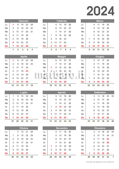 Calendario 2024 con il numero delle settimane e dei giorni